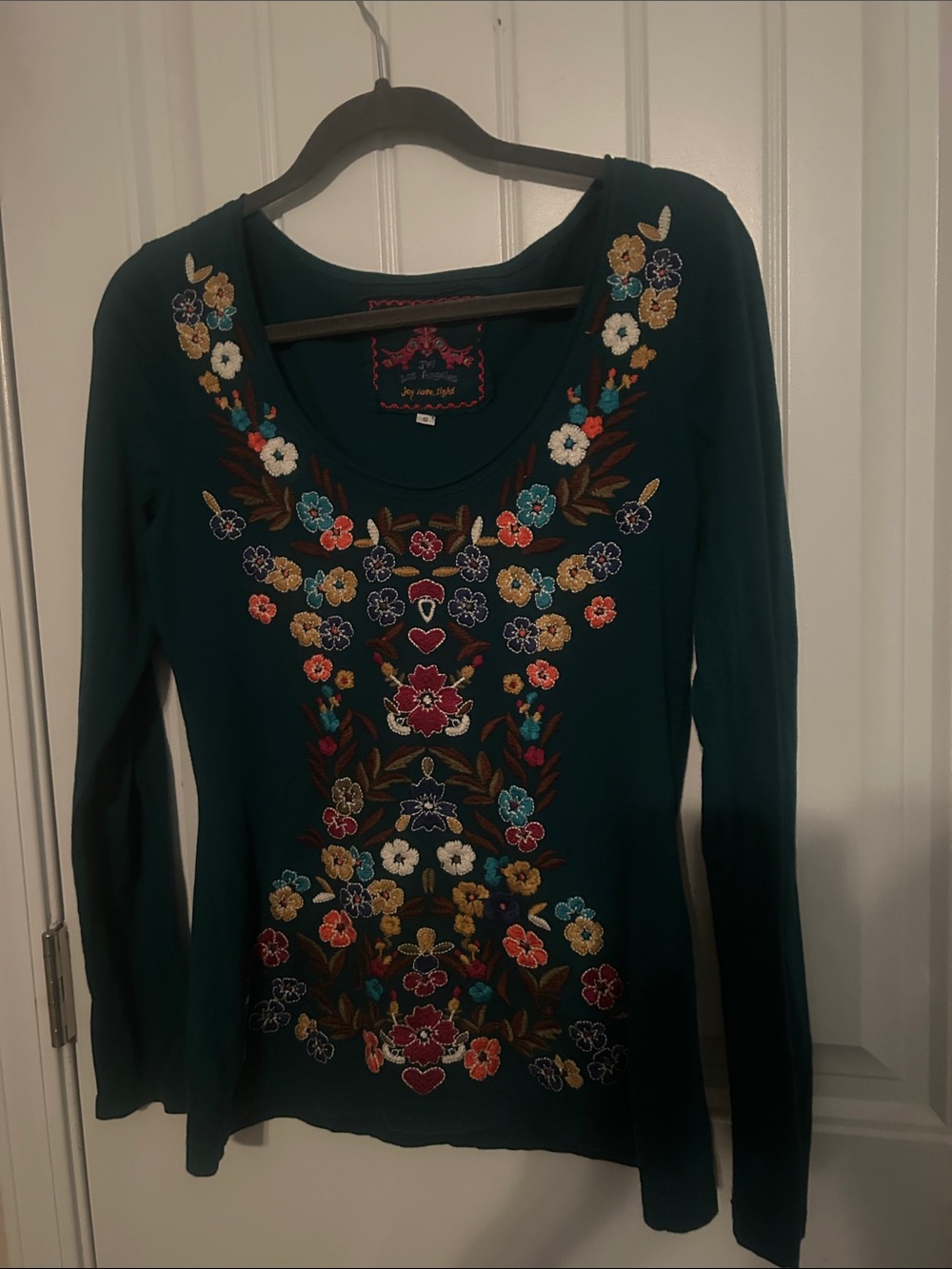 Johnny Was Teal Long-Sleeve Scoop Neck Top with Multicolor Floral Embroidery